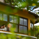Couple enjoying a scenic view from a window in a round yellow house, surrounded by lush greenery and trees