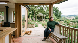 Person sitting on bench in rustic open-plan room, overlooking garden with gazebo and countryside, dog lying nearby